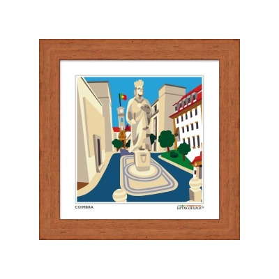 Gravura emoldurada com imagem de estátua e edifícios em Coimbra