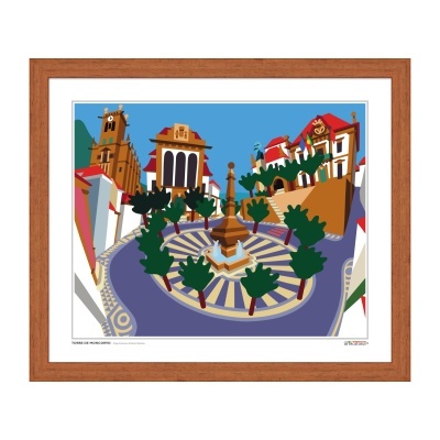 Ilustração digital colorida de praça com fonte, árvores e edifícios, moldura de madeira.