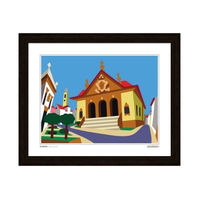 Quadro com ilustração colorida de igreja e edifícios em estilo vetorial