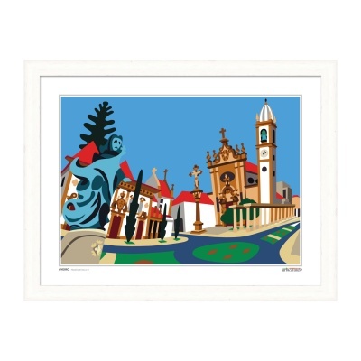 Quadro digital de cidade com edifícios históricos e estátua azul em moldura branca