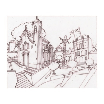Desenho a preto e branco de uma praça com igreja, edifício e escultura central