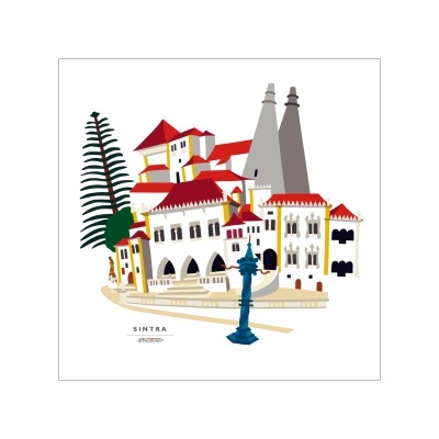 Ilustração digital colorida de edifícios históricos em Sintra com telhados vermelhos e poste de luz azul