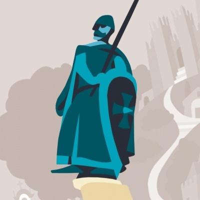 Estátua ilustrada de cavaleiro medieval azul com escudo e lança, castelo ao fundo