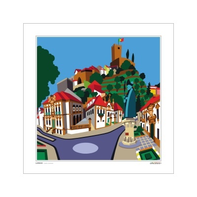 Ilustração colorida de vila portuguesa com castelo e estátua na praça