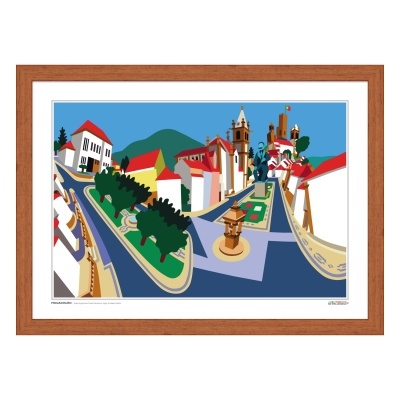 Ilustração colorida de cidade com edifícios, árvores, fonte e céu azul, moldura de madeira