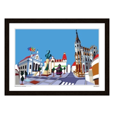 Ilustração digital colorida de praça com edifícios, estátua e fonte, céu azul.