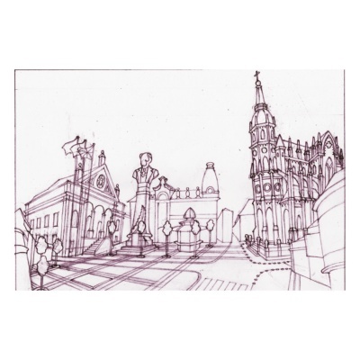 Desenho a lápis de praça com estátua e edifícios históricos em estilo detalhado