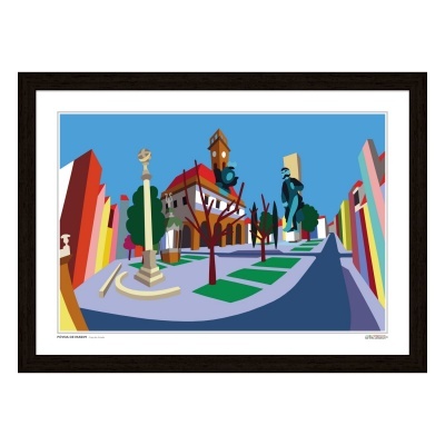 Imagem digital abstrata colorida de rua com árvores e relógio em moldura preta