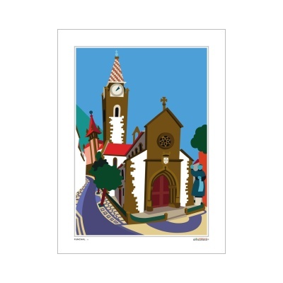 Ilustração edifício histórico com torre de relógio e igreja, estrada curva e figura humana