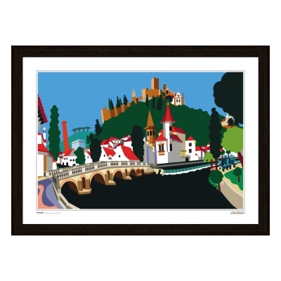 Quadro com ilustração colorida de paisagem urbana com ponte e castelo