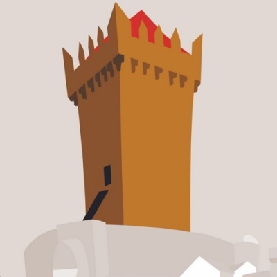 Torre castelo castanha com topo vermelho e estrutura branca arqueada