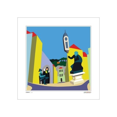 Arte digital de edifícios coloridos, estátua e torre com relógio sob céu azul