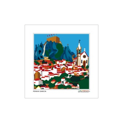 Ilustração colorida de Penha Garcia com castelo no topo, casas, vegetação e igreja