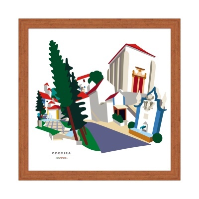 Ilustração colorida de edifícios e árvores com moldura de madeira