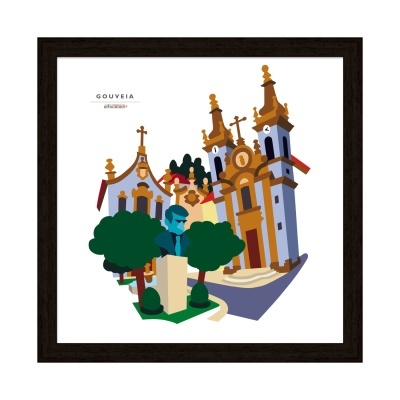 Ilustração de monumentos históricos e estátua em Gouveia, Portugal, com igreja barroca e árvores