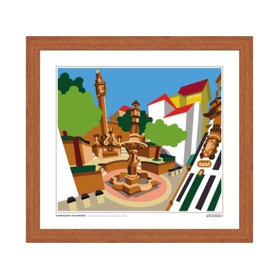 Gravura colorida de uma praça com fonte, árvores e edifícios com telhados vermelhos em moldura de madeira