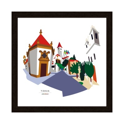 Ilustração colorida de edifícios históricos e árvores com texto TáBUA