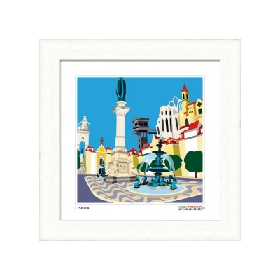 Quadro decorativo com imagem estilizada de Lisboa em cores vibrantes