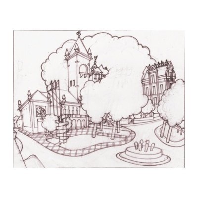 Desenho a tinta de praça com árvores, fonte e edifícios antigos