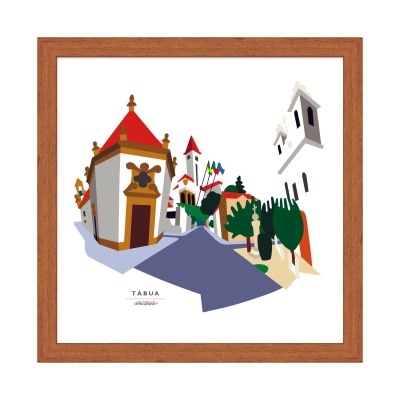 Quadro ilustrativo de Tábua com casas coloridas e árvores, moldura castanha