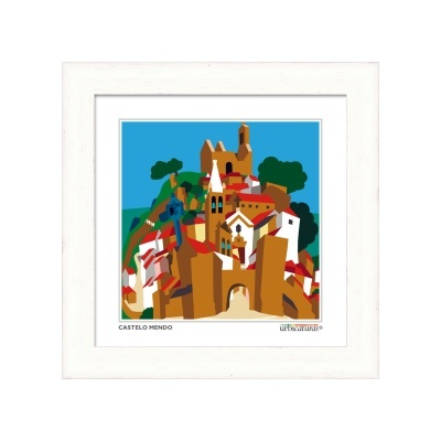 Ilustração de castelo e aldeia colorida em moldura branca.