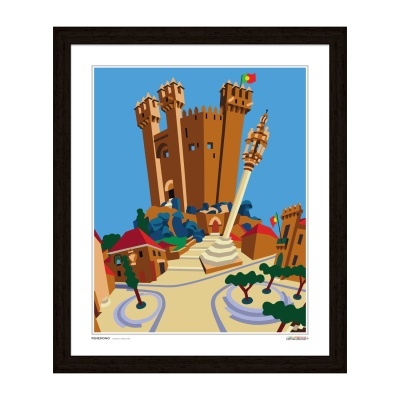 Ilustração gráfica de castelo castanho com bandeira portuguesa num céu azul