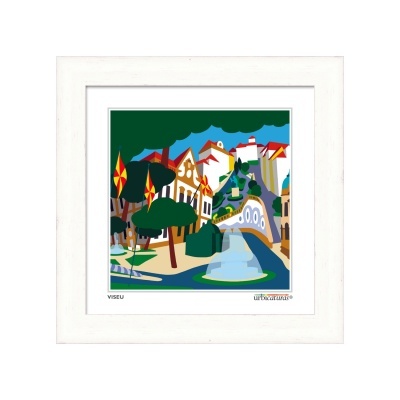 Gravura colorida de paisagem urbana em moldura branca