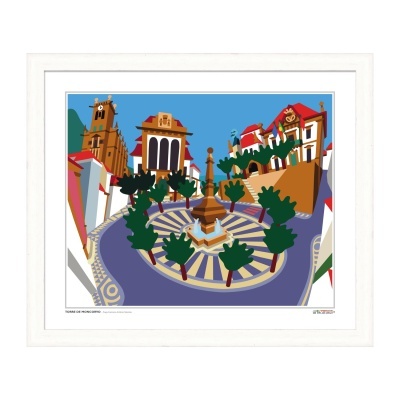 Ilustração colorida de praça com monumento e árvores, emoldurada em branco