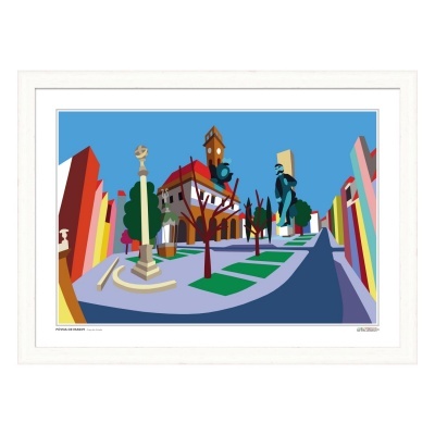 Obra de arte digital colorida de paisagem urbana com relógio de torre e árvores, emoldurada