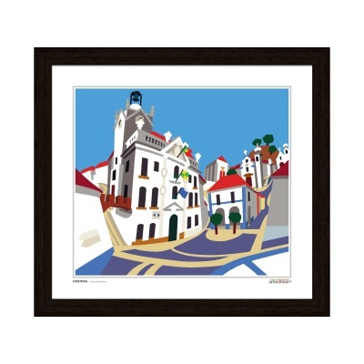 Ilustração digital colorida de edifícios em Coimbra com céu azul enquadrada