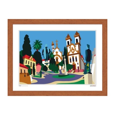 Quadro digital colorido com moldura de madeira castanha de uma cena urbana com igrejas e estátuas
