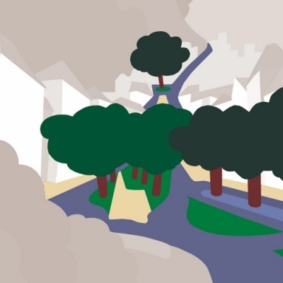 Ilustração estilizada de paisagem urbana com árvores e estradas coloridas