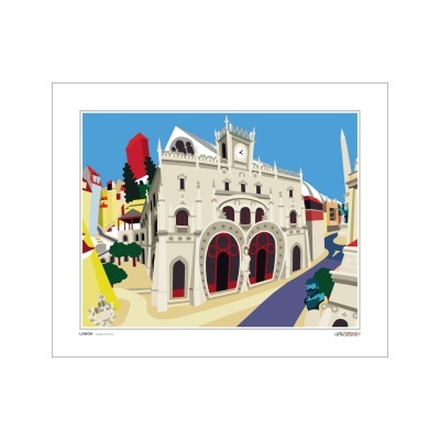 Ilustração colorida de edifício histórico em Lisboa com céu azul