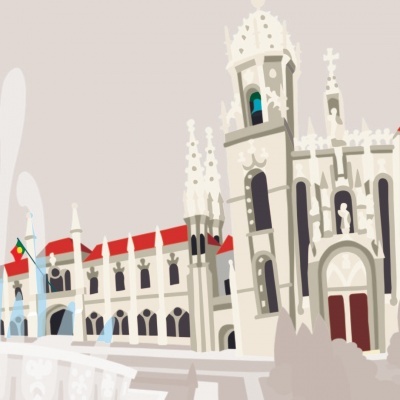 Ilustração edifício histórico arquitetura gótica com bandeira de Portugal