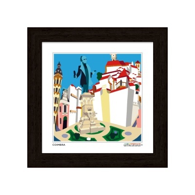 Ilustração colorida da cidade de Coimbra em quadro com moldura escura