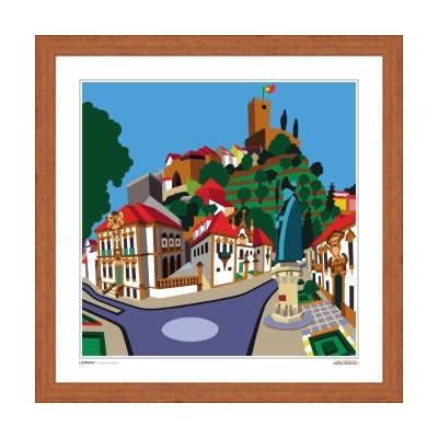 Ilustração colorida estilizada de vila portuguesa com torre de castelo e estátua emoldurada