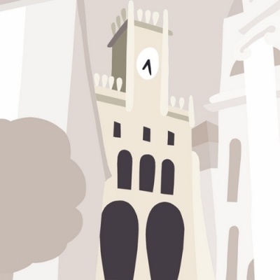 Desenho de edifício histórico com relógio e janelas arqueadas