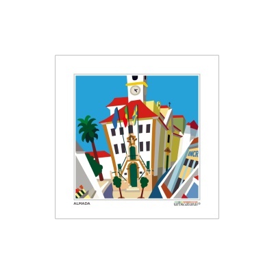 Ilustração gráfica colorida de edifício com torre de relógio e bandeiras em Almada
