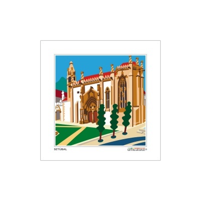 Ilustração de edifício histórico em Setúbal com árvores e céu azul