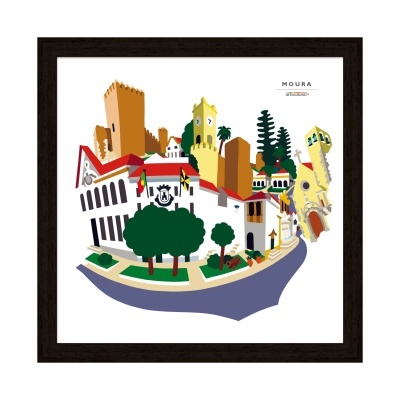 Ilustração colorida de edifícios históricos em Moura, Portugal, em moldura preta