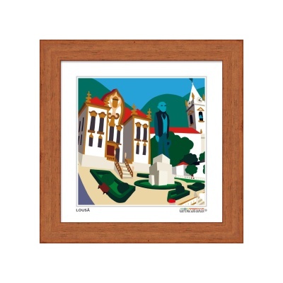 Ilustração digital de praça com edifício, monumento e igreja em moldura de madeira