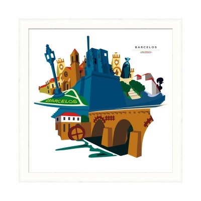 Imagem gráfica colorida representando monumentos típicos de Barcelos em moldura branca