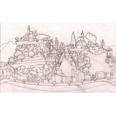 Desenho a lápis de uma paisagem urbana com casas e colinas