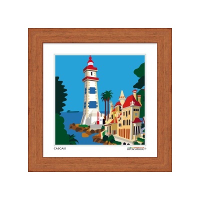 Quadro com ilustração de farol e edifícios em Cascais com moldura de madeira