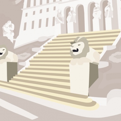 Escadaria com esculturas de leões e figuras humanas em tons bege