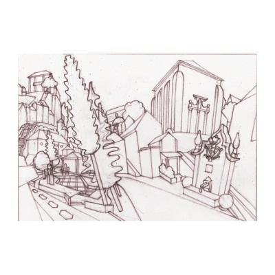 Desenho a traço de paisagem urbana com edifícios e árvores