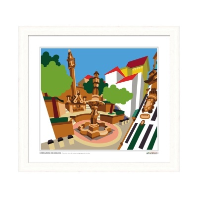 Impressão artística colorida de praça com fonte e relógio em moldura branca