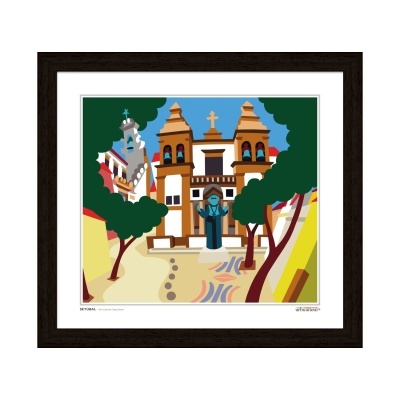 Ilustração estilizada de edifício histórico com torres e árvores, em quadro com moldura preta