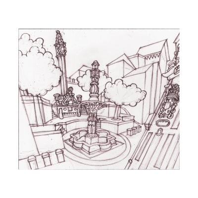 Desenho a lápis de uma praça urbana com fonte e árvores