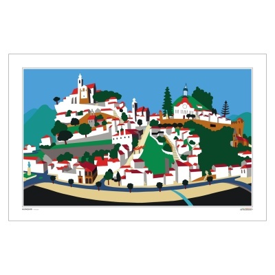 Ilustração colorida de uma vila com casas brancas e telhados vermelhos, igrejas e árvores verdes